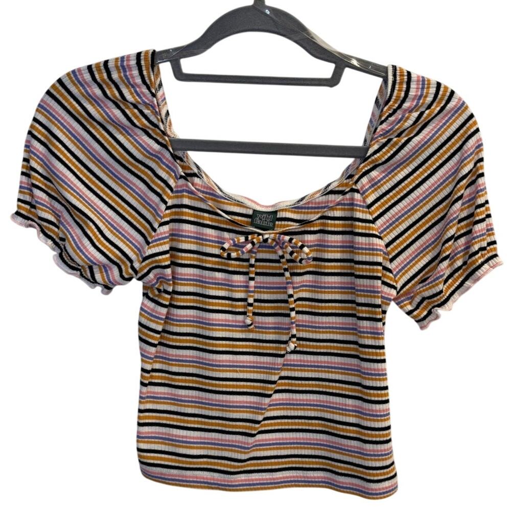 Wild Fable Striped Puff Sleeve Crop Top Tie Front Lettuce Hem Multi Size XS